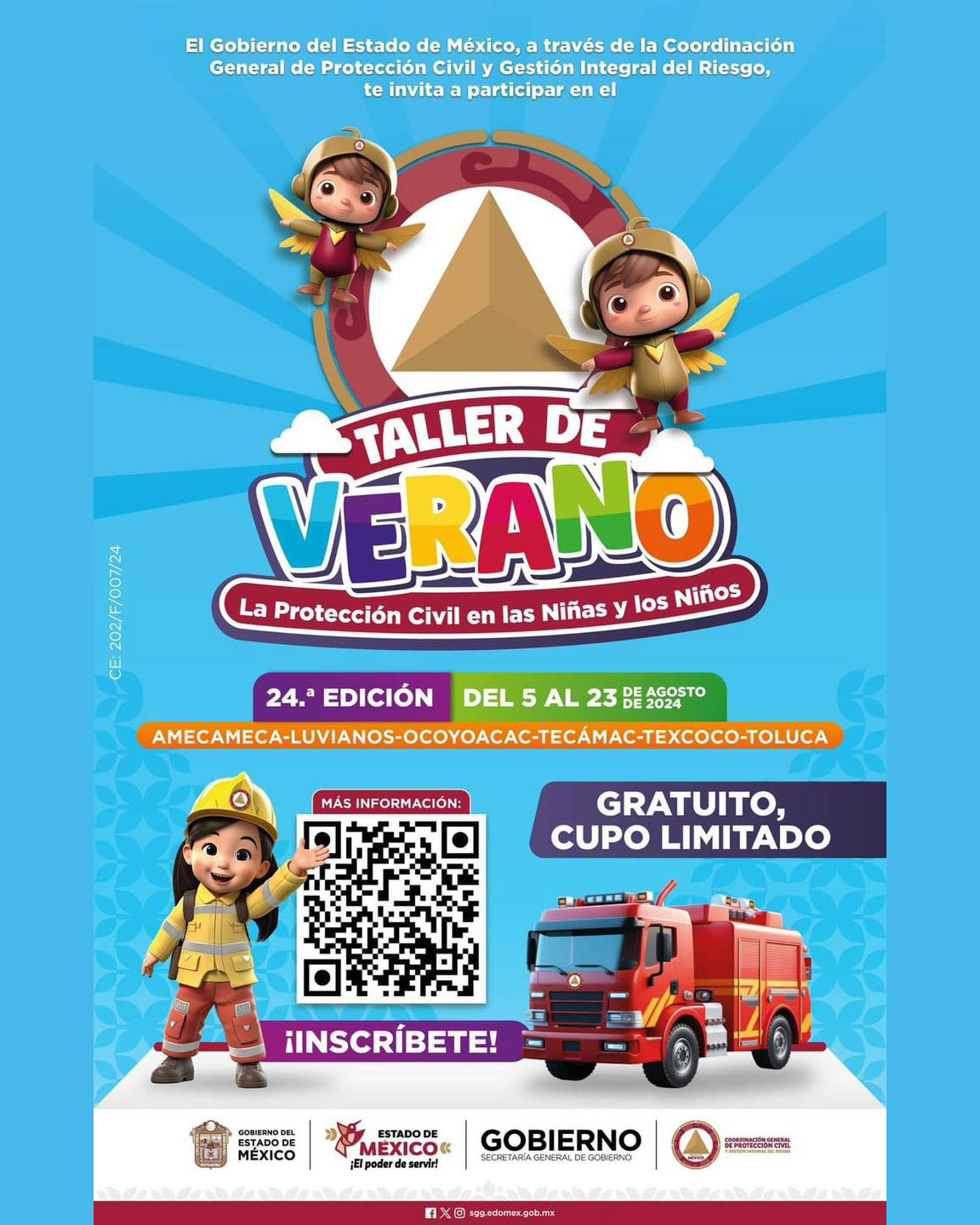 La Coordinación General de Protección Civil del Estado de México te invitan a formar parte del taller de verano que se realizará en nuestro municipio del 5 al 9 de agosto ⛱⛑🚑🚒 Inscríbete en el siguiente enlace 👉 https://www.sggedomex.gob.mx/pcVerano