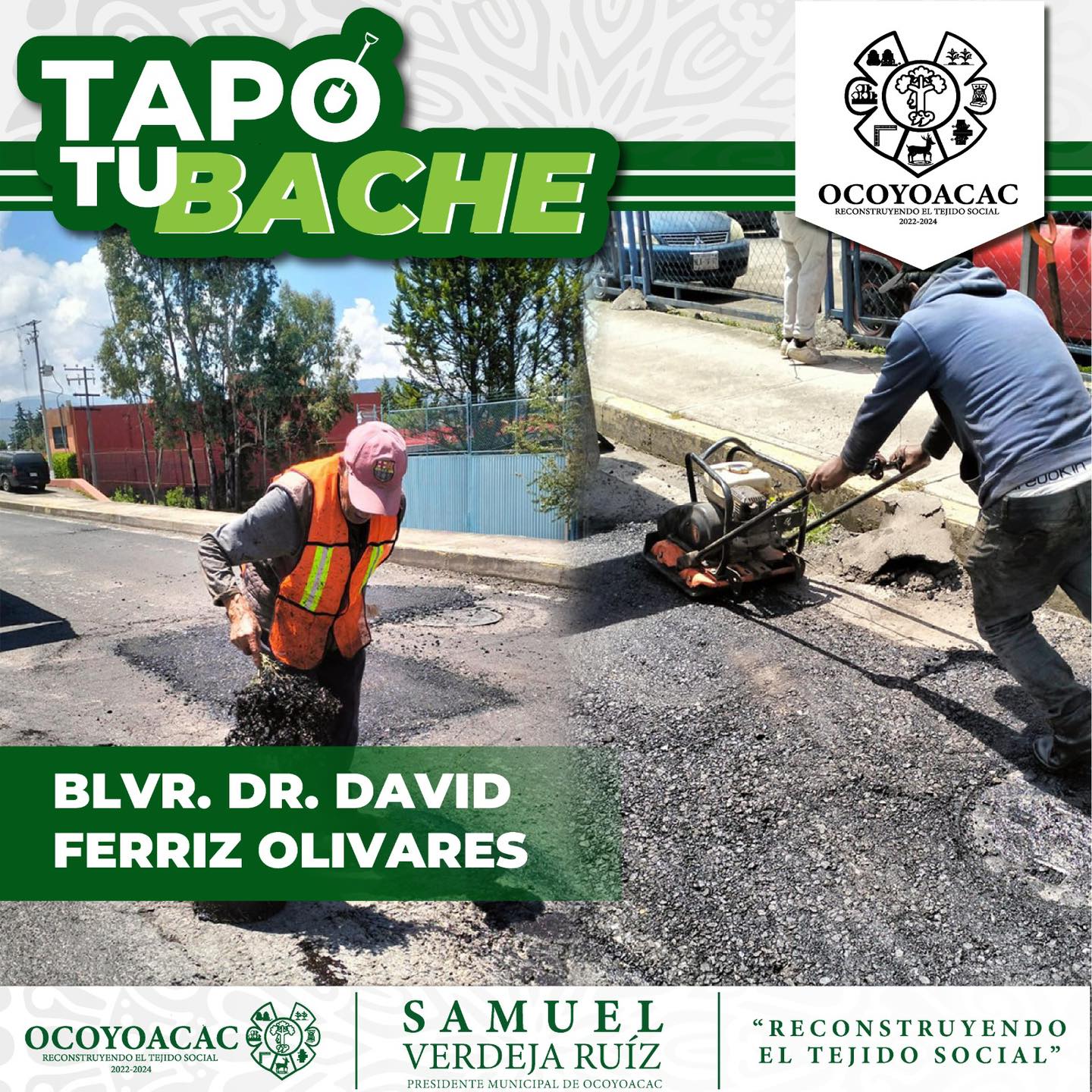 Con el Programa de Bacheo Municipal ”Tapo tu bache”, se atendió parte del Blvr. Dr. David Ferriz Olivares. Agradecemos a los automovilistas que disminuyen su velocidad para que nuestros compañeros puedan realizar su trabajo.