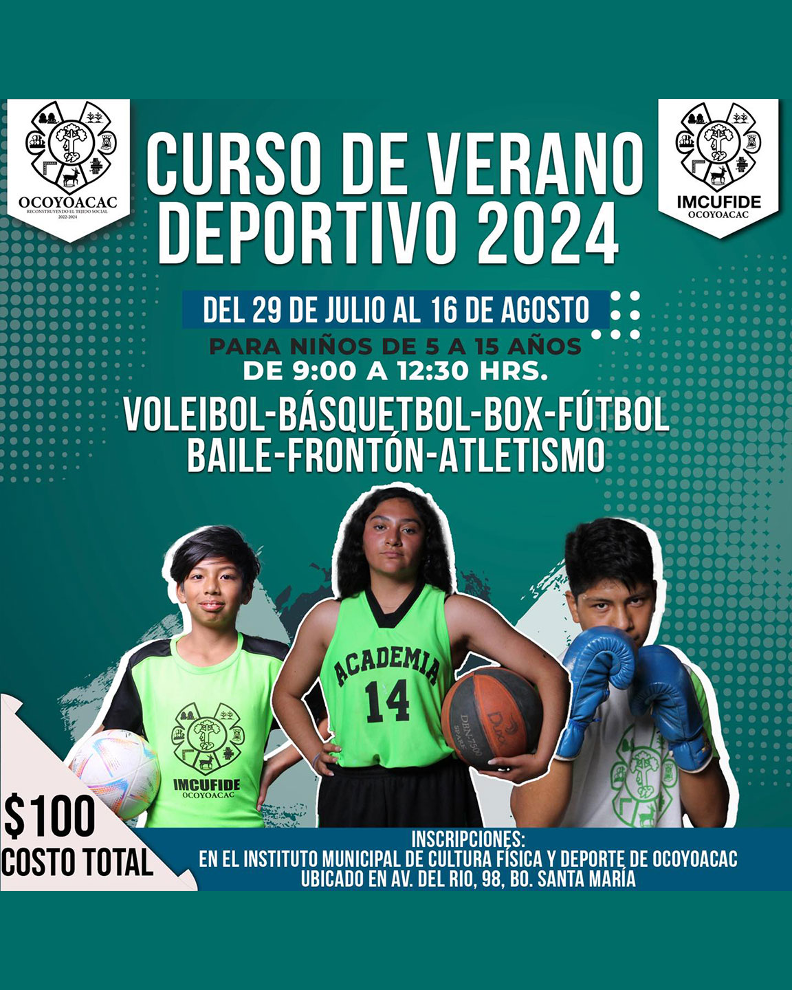 ¡Ven y únete al Curso de Verano Deportivo 2024! La Presidencia Municipal de Ocoyoacac, en colaboración con el Instituto Municipal de Cultura Física y Deporte, invita a todas las niñas, niños y jóvenes a disfrutar de una experiencia inolvidable llena de diversión, deporte y aprendizaje. No te pierdas esta oportunidad única de desarrollar tus habilidades, hacer nuevos amigos y vivir un verano activo y saludable. 👉🏻Requisitos -Carta responsiva -CURP del niño (a) -Dos copias del INE del padre o tutor 👉🏻Materiales requeridos -Tenis -Ropa deportiva -Lunch -Agua -Gorra o sombrero 🟢Cuota de recuperación $100 pesos 📍Sede: Polideportivo Clausura: la Marquesa