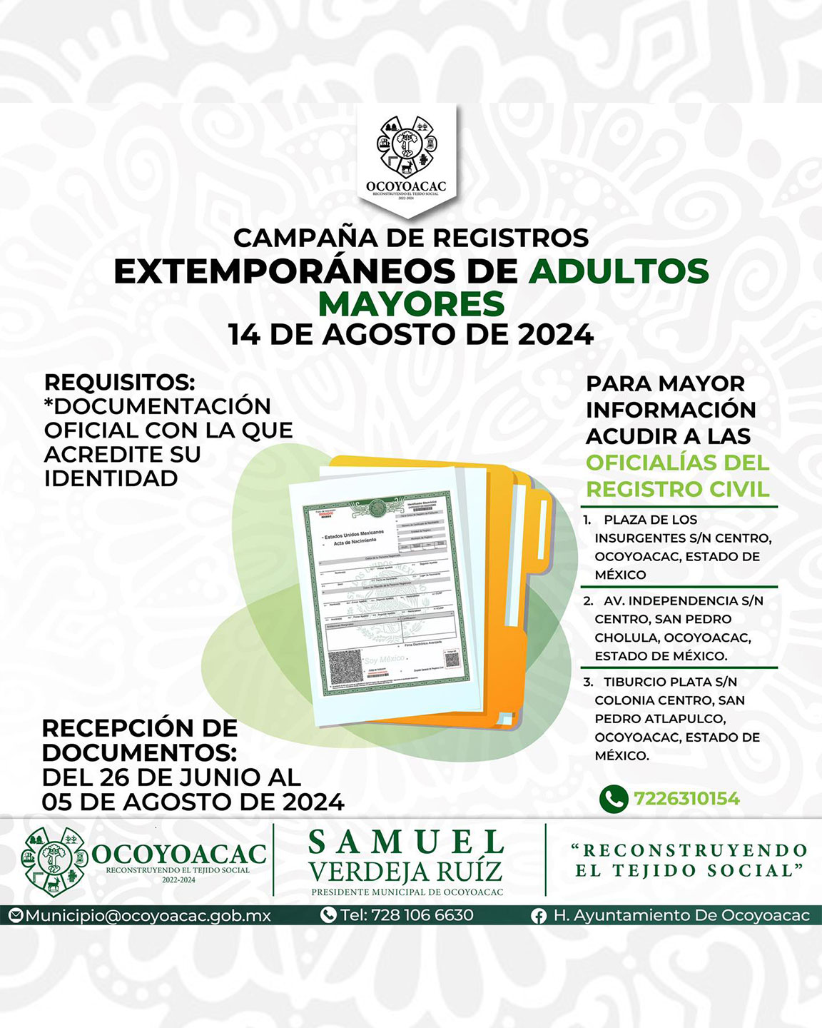 No te pierdas la campaña de registros extemporáneos de adultos mayores. Presenta tu documentación antes del 05 de agosto del 2024. Para mayor información acude a las diferentes oficialías del Registro Civil. •Centro de Ocoyoacac •San Pedro Cholula •San Pedro Atlapulco